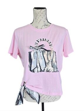 Pastel Pink Handbag Embellushed Graphic Short Sleeve Top L
